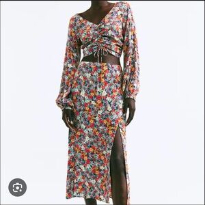 H&M Floral Set Crop Top Midi Slit A-Line Skirt Medium 8 Sleeves